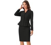 Allegra K Conjunto de 2 piezas de traje de negocios para mujer, manga larga, sin cuello, peplum, blazer, faldas lápiz, Negro, XL