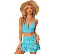 Allegra K Conjunto de bikini de 2 piezas para mujer ahuecado hacia fuera Cami Top Mini falda Verano Playa Crochet Knit Sets, Azul/claro, Medium