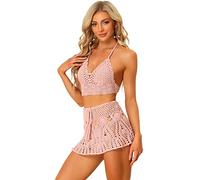 Allegra K Conjunto de bikini de 2 piezas para mujer ahuecado hacia fuera Cami Top Mini falda Verano Playa Crochet Knit Sets, Rosado, M