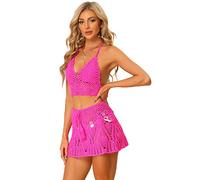 Allegra K Conjunto de bikini de 2 piezas para mujer, con parte superior hueca, minifalda, verano, playa, ganchillo, Rosa encendido, XL