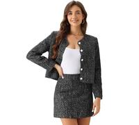 Allegra K Conjunto de Blazer de Tweed para Mujer, Elegante Traje de Trabajo de 2 Piezas con Falda y Blazer Negro S