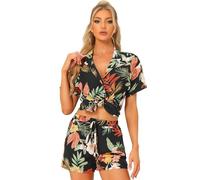 Allegra K Conjunto de Camisa y Pantalones Cortos Hawaianos para Mujer 2023 Summer Beach Trip Button Down Sets Negro M