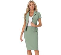 Allegra K Conjunto de Traje de 2 Piezas de Negocios para Mujer, Manga Corta, Chaqueta, Falda lápiz Mar Verde S