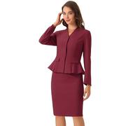Allegra K Conjunto de traje de negocios para mujer, 2 piezas, sin cuello, peplum, blazer formal, falda lápiz, Rojo oscuro, M