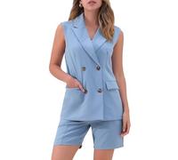 Allegra K Conjuntos De 2 Piezas para Mujer De Verano Blazer Cruzado Sin Mangas Chaleco Y Pantalones Cortos Gris Azul XS