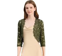 Allegra K Día de San Patricio Cárdigan Toreras Top De Encaje Floral Transparente Manga 3/4 Elegante para Mujer Verde Oliva M