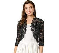 Allegra K Día de San Patricio Cárdigan Toreras Top De Encaje Floral Transparente Manga 3/4 Elegante para Mujer Negro XS