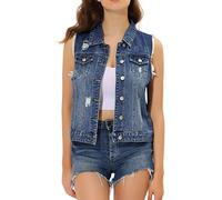 Allegra K Día de San Patricio Chaleco Vaquero Lavado Cuello Reversible Cierre De Botón Para Mujer Azul XL