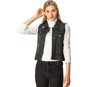 Allegra K Día de San Patricio Chaleco Vaquero Lavado Cuello Reversible Cierre De Botón Para Mujer Negro S