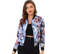 Allegra K Día de San Patricio Chaqueta De Bombardero Floral Ligera Con Cremallera Y Cuello Alto Para Mujer Azul XL