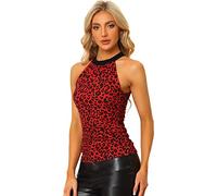 Allegra K Disfraces de Navidad para mujer, cuello halter, sin mangas, cintura elástica, fruncida, fiesta, animal, Leopardo rojo, L