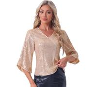 Allegra K Disfraz de Halloween Mujer Top De Lentejuelas Manga 3/4 Cuello En V Brillante Fiesta Club Discoteca, Blusa Oro L
