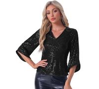 Allegra K Disfraz de Halloween Mujer Top De Lentejuelas Manga 3/4 Cuello En V Brillante Fiesta Club Discoteca, Blusa Negro M