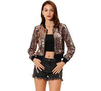Allegra K Disfraz de Halloween Top de lentejuelas para mujer, manga larga, brillante, brillante, para fiesta, chaqueta de bombardero Negro oro XS