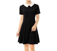Allegra K Disfraz de Hollywood Casual para Mujer, Cuello Peter Pan, Mangas Cortas, Vestido De Punto Acampanado por Encima De La Rodilla Negro XL