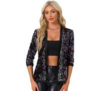 Allegra K Disfraz de navidad Chaqueta elegante con lentejuelas para mujer, cárdigan informal de terciopelo con manga 3/4 y frente abierto sin cuello Arcoíris XL