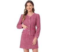 Allegra K Disfraz de Navidad Conjunto de Traje para Mujer Dos Piezas Conjunto de Chaqueta y Falda Corta de Tweed a Cuadros Rosa Caliente S