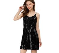 Allegra K Disfraz de Navidad Mini Vestidos De Lentejuelas de Fiesta Escote en V Sexy sin Mangas Disfraces De Halloween para Mujer Negro S