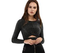 Allegra K Disfraz de Navidad para Mujer Blusas con Purpurina Twist Manga Larga Recortada en la Parte Delantera Slim Fit Crop Top Negro XS