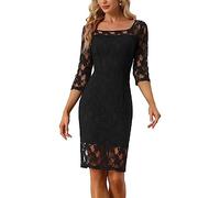 Allegra K Disfraz de Navidad Vestido de Encaje Manga 3/4 para Mujer Escote Cuadrado Midi Recto Cansado Negro S