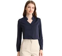 Allegra K Elegante Camisa Abotonada Cuello Alto con Escote en V Recortado Carrera Primavera para Mujer Azul Marino XL