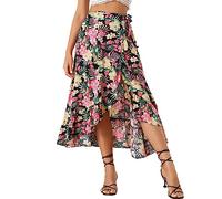 Allegra K Falda a Media Pierna con Volantes y Estampado Floral Bohemio para Mujer Negro XL