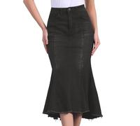 Allegra K Falda Vaquera De Cintura Alta con Cola De Pez Lavada para Mujer, Dobladillo Sin Rematar, Falda Midi Informal Negro L