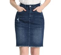 Allegra K Falda Vaquera Midi Básica Desgastada De Cintura Alta con Dobladillo Rasgado Y Lavado para Mujer Azul Oscuro XS