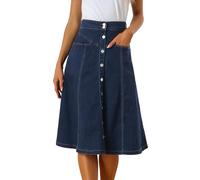 Allegra K Faldas Midi fluidas de línea A con Botones de Cintura Alta elástica para Mujer con Bolsillo Azul Oscuro S