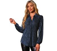 Allegra K Mujer Camisa De Terciopelo con Botones Manga Larga Plisada Ajuste Holgado Camisas Casuales Azul Oscuro S