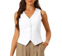 Allegra K Mujer Chaleco de Traje Sin Mangas de Algodón y Lino con Botón Cuello en V Crop Top Moda Chaleco de Estival Blanco crema M