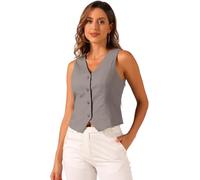Allegra K Mujer Chaleco Moda de Algodón y Lino Blazer sin Mangas Botón Abajo Cuello en V Crop Top de Estival Gris oscuro XS