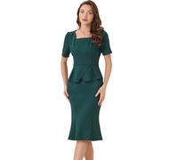 Allegra K Mujer Conjunto de Falda Y Blusa Peplum para Traje de Negocios Cuello Cuadrado Manga Corta Faldas Ajustadas con Cola de Pez Verde Oscuro XS