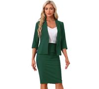 Allegra K Mujer Conjunto De Traje De Falda De Negocios 2 Piezas Traje De Trabajo De Oficina Blazer Sin Cuello Falda Lápiz Verde Oscuro M