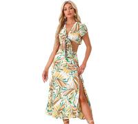 Allegra K Mujer Conjunto Tropical de 2 Piezas con Top Corto Hawaiano Y Falda Larga con Frente Fruncido Blanco XL
