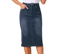 Allegra K Mujer Falda Vaquera Informal Cintura Alta Elástica Midi Azul Negro L