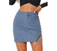 Allegra K Mujer Faldas Vaqueras Talle Alto con Flecos Y Diamantes de Imitación Mini Falda Vaquera Azul Claro S