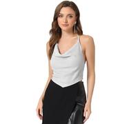 Allegra K Mujer Halter Purpurina Cuello Vuelto Drapeado Sin Espalda Crop Cami Top Disfraz de Halloween Plata XS