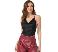Allegra K Mujer Halter Purpurina Cuello Vuelto Drapeado Sin Espalda Crop Cami Top Disfraz de Halloween Negro L