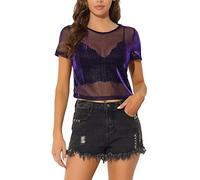 Allegra K Mujer Sexy Chaleco Camiseta de Manga Corta Camiseta Transparente Chaleco Camisa de Malla Brillante Morado XS