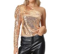 Allegra K Mujer Top de Lentejuelas Brillantes Top Brillantes Manga Larga Hombro Abullonado Disfraz de Halloween Dorado Champagne M