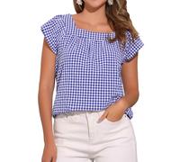 Allegra K Mujer Top de Verano con Cuello Cuadrado A Cuadros Blusas Sin Mangas Azul Blanco S