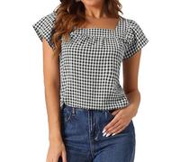 Allegra K Mujer Top de Verano con Cuello Cuadrado A Cuadros Blusas Sin Mangas Negro L