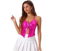 Allegra K Mujer Top Metálico Sin Mangas con Tirantes Finos y Cuello Halter Clubwear Cami Top Disfraz de Halloween Rosa Caliente M