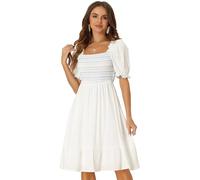 Allegra K Mujer Vestido Ahumado Cuello Cuadrado Manga Corta Volantes Vestidos De Verano Blanco S