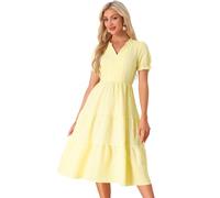 Allegra K Mujer Vestido Cuadros Vestido Verano con Volantes Cuello En V Decoración Botones Amarillo S