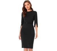 Allegra K Mujer Vestido de Oficina Mangas 3/4 con Cinturón Cuello Simulado Vestidos de Lápiz Negro M