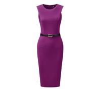 Allegra K Mujer Vestido De Tubo con Cinturón Cuello Redondo Sin Mangas Casual Vestidos De Oficina Púrpura M