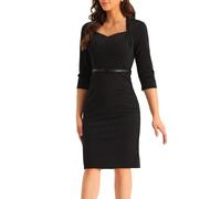 Allegra K Mujer Vestido Oficina Trabajo Manga 3/4 Cinturón Cuello En Forma De Corazón Negro XL