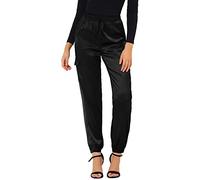 Allegra K Pantalones Cargo de satén Sedoso de Tiro Alto elástico con cordón para Mujer Negro XXL